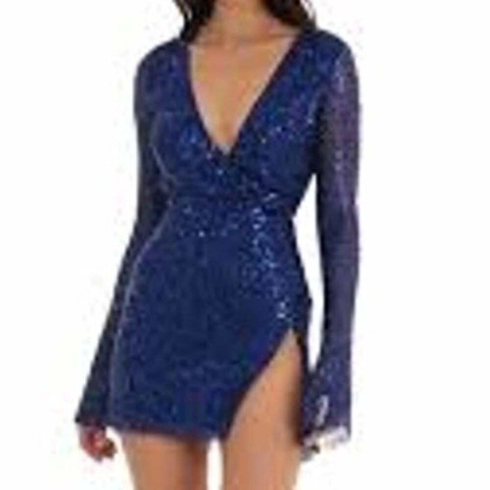 LUCY IN THE SKY Sequin Pearl Long Sleeve Dress Plunge Neckline Slit Front Blue L